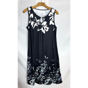 Classic Floral Print Everyday Sleeveless Summer Dress Womens M Black Round Neck